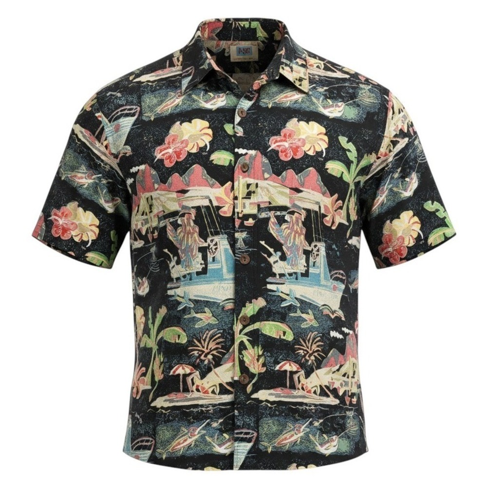 Kahala Hawaiian Shirt Mens Large Black AVI Collection Maui‎ Jim Fishing Rayon L
